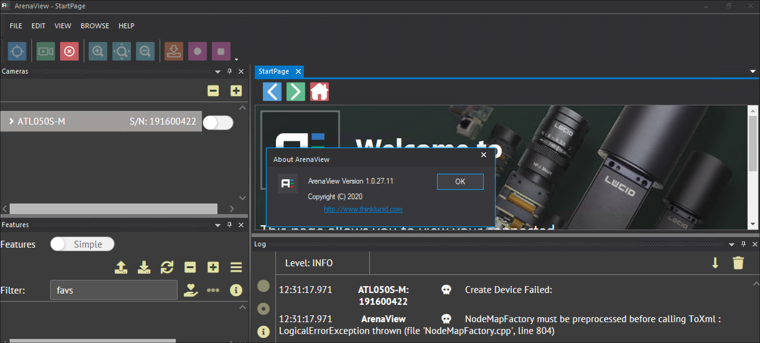 ArenaView_CreateDeviceFailed