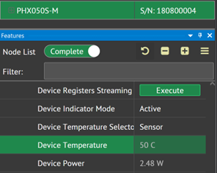 Arena software showing device temperature
