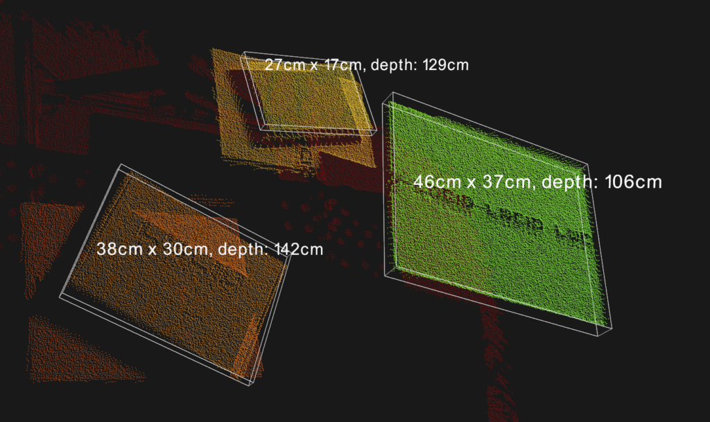 Cardboard boxes viewed with the Display code example described in the “Display example" section. The colors are based on depth.