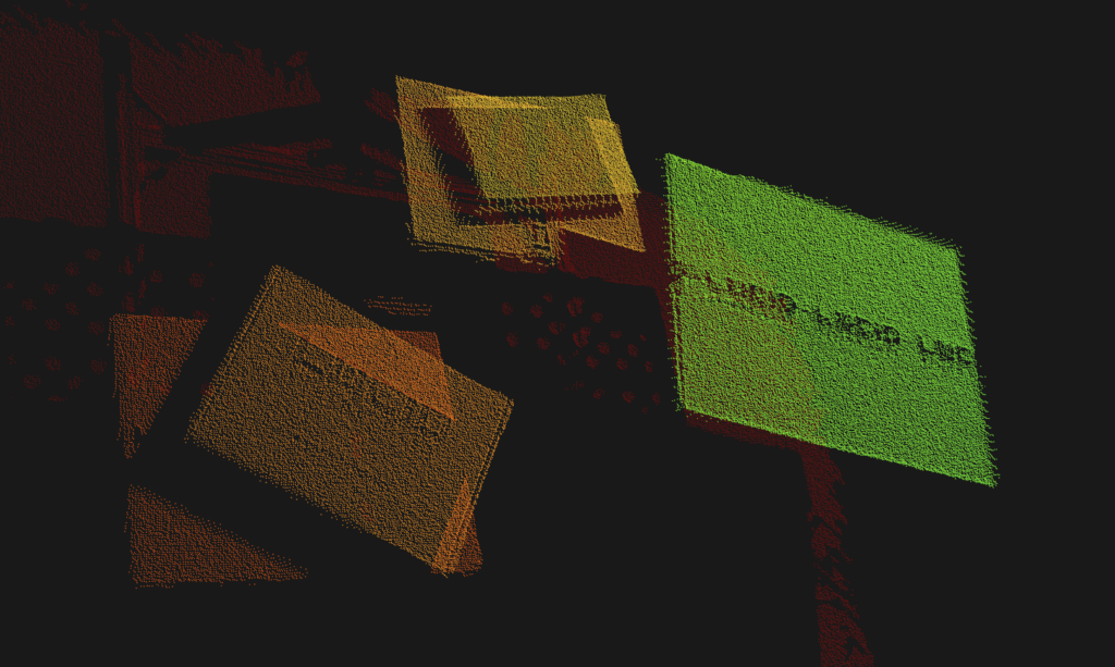 Cardboard boxes viewed with the Display code example described in the “Display example" section. The colors are based on depth.